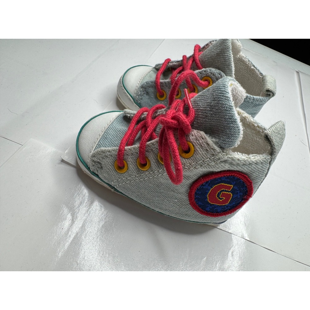 Gymboree Baby Boy High Top Denim Sneakers Blue‎ Red Laces Soft Sole Size 01